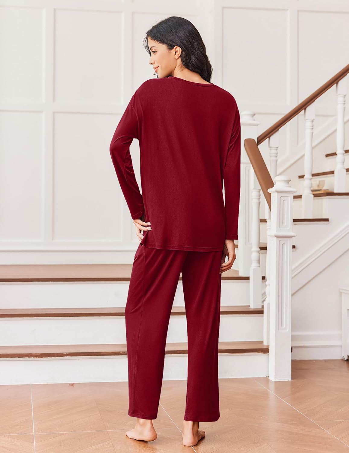 Lounge pajama set back view in wine red: long-sleeve top and wide-leg pants