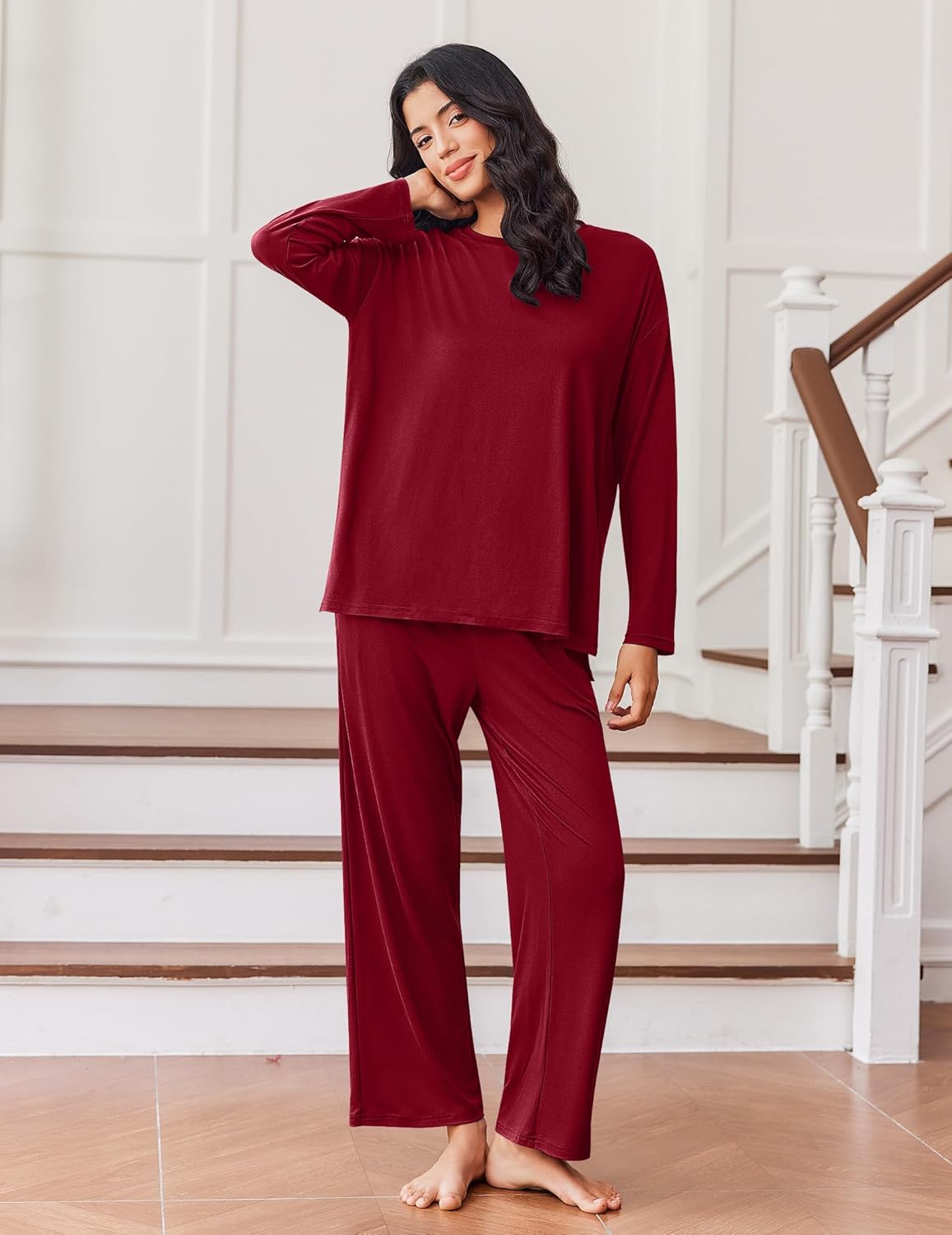 Lounge pajama set with long-sleeve top and wide-leg pants in wine red