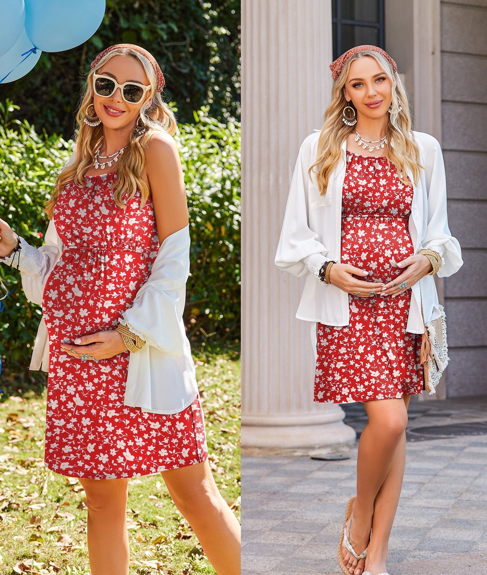 Red daisy-print maternity nursing nightgown with sleeveless bodice and front nursing flap