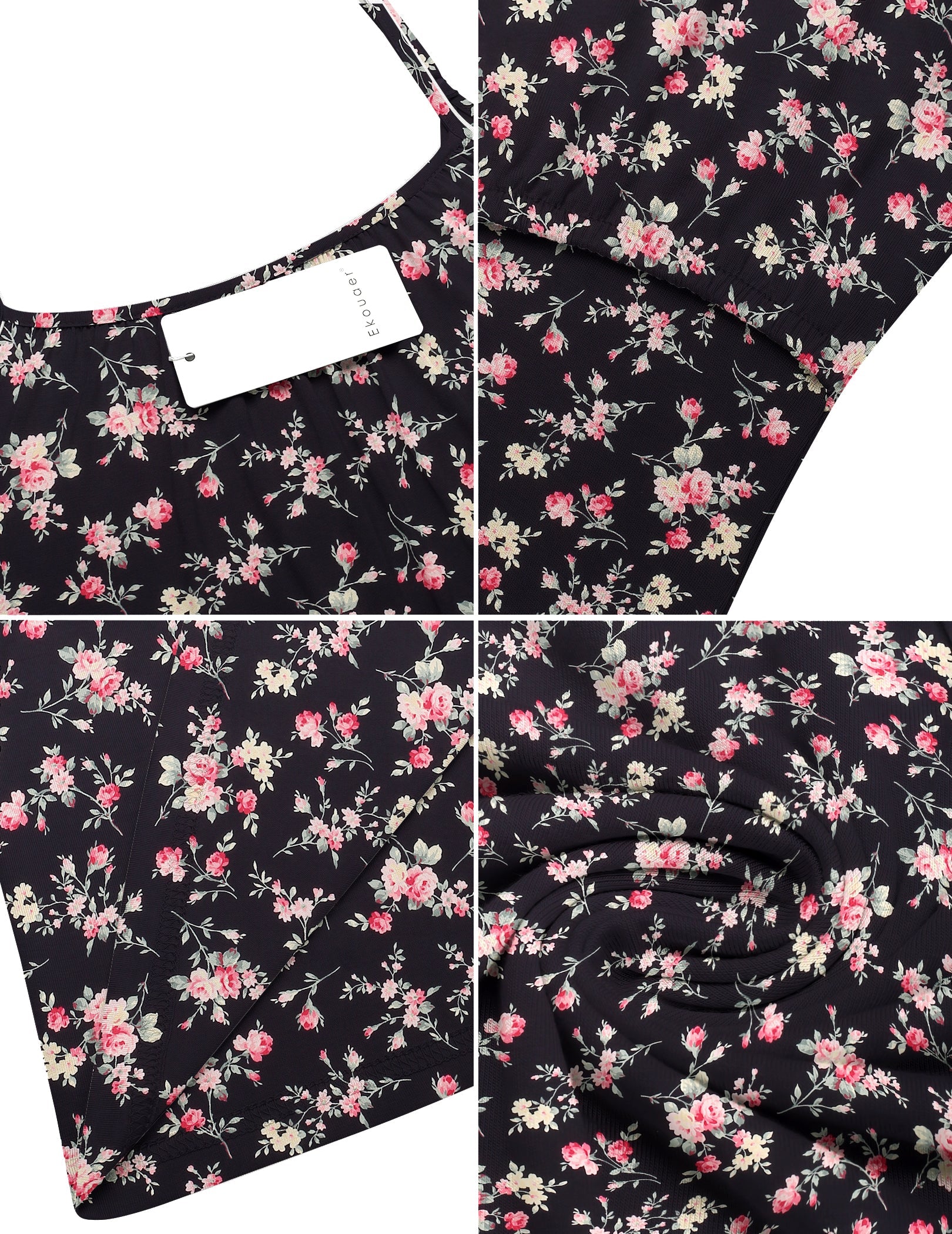 Black floral maternity nursing nightgown fabric close-up with front seam detail