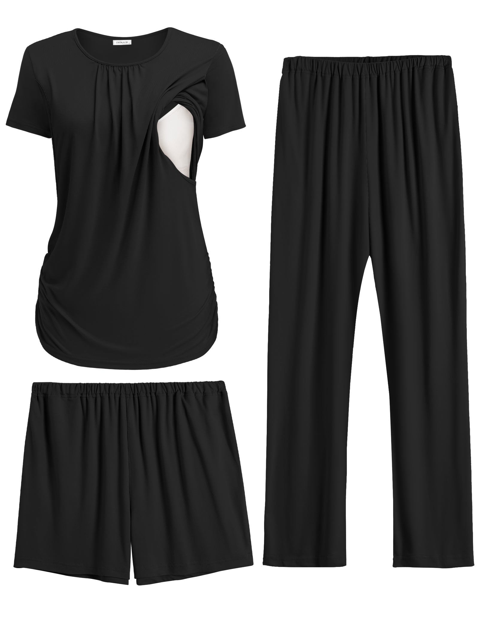 Maternity nursing pajama set in black: short-sleeve top, nursing flap, shorts and long pants.