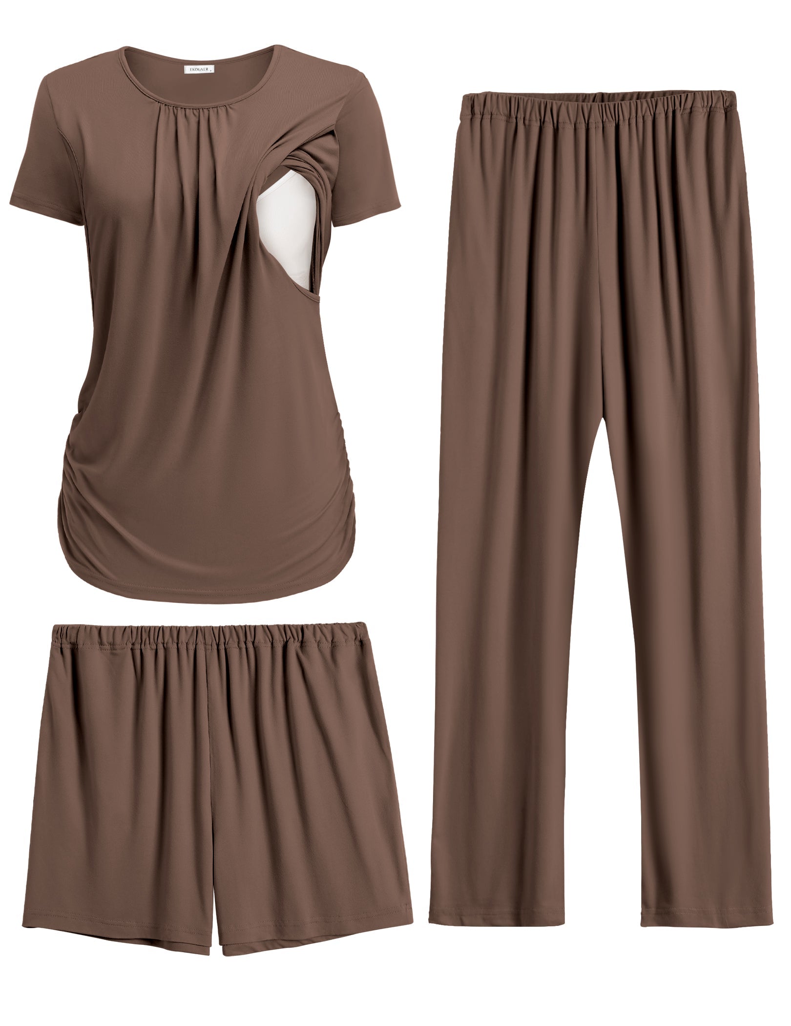 Maternity nursing pajama set in brown: nursing flap top, matching shorts and long pants.