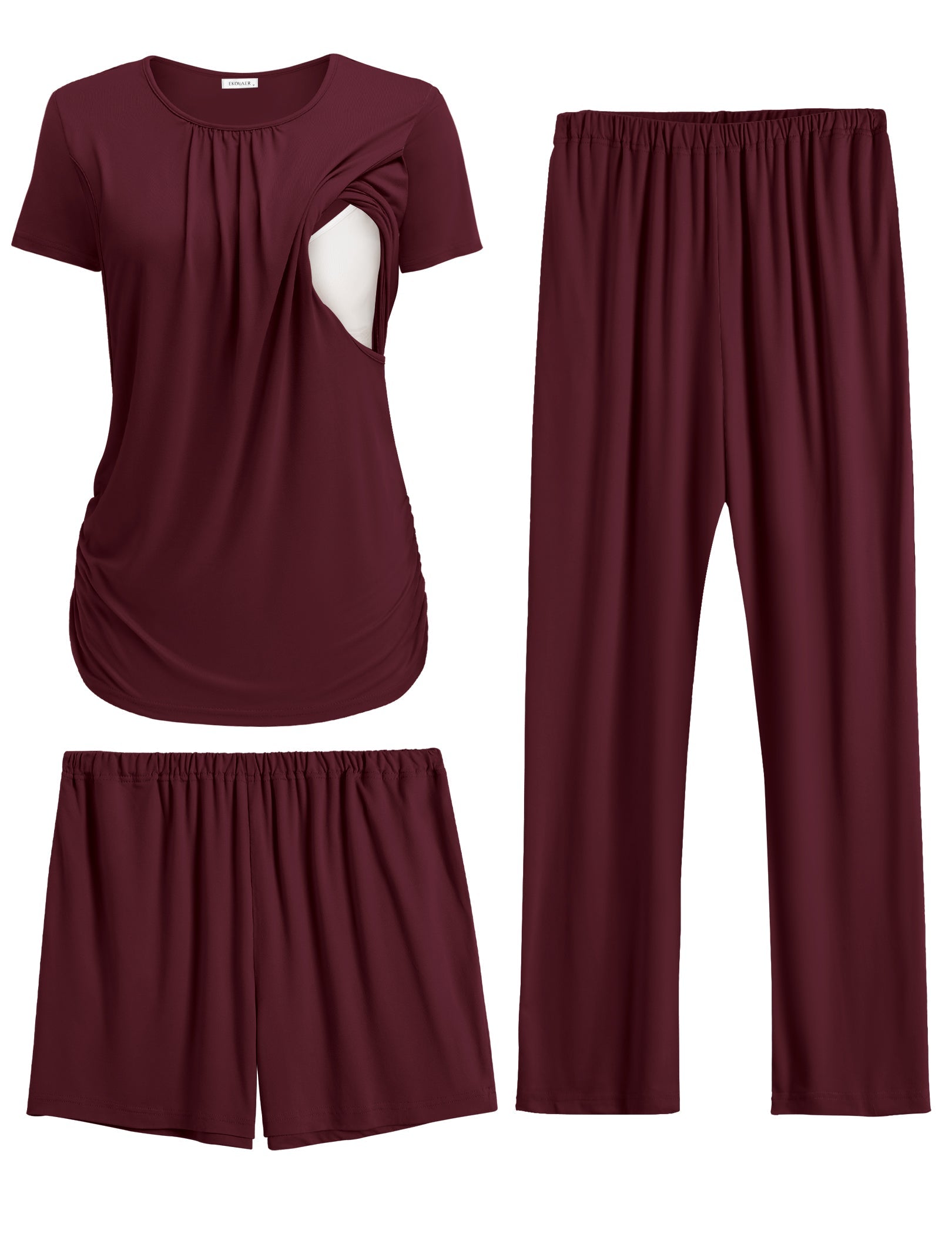 Maternity nursing pajama set in burgundy: ruched top with nursing flap, shorts and long pants.