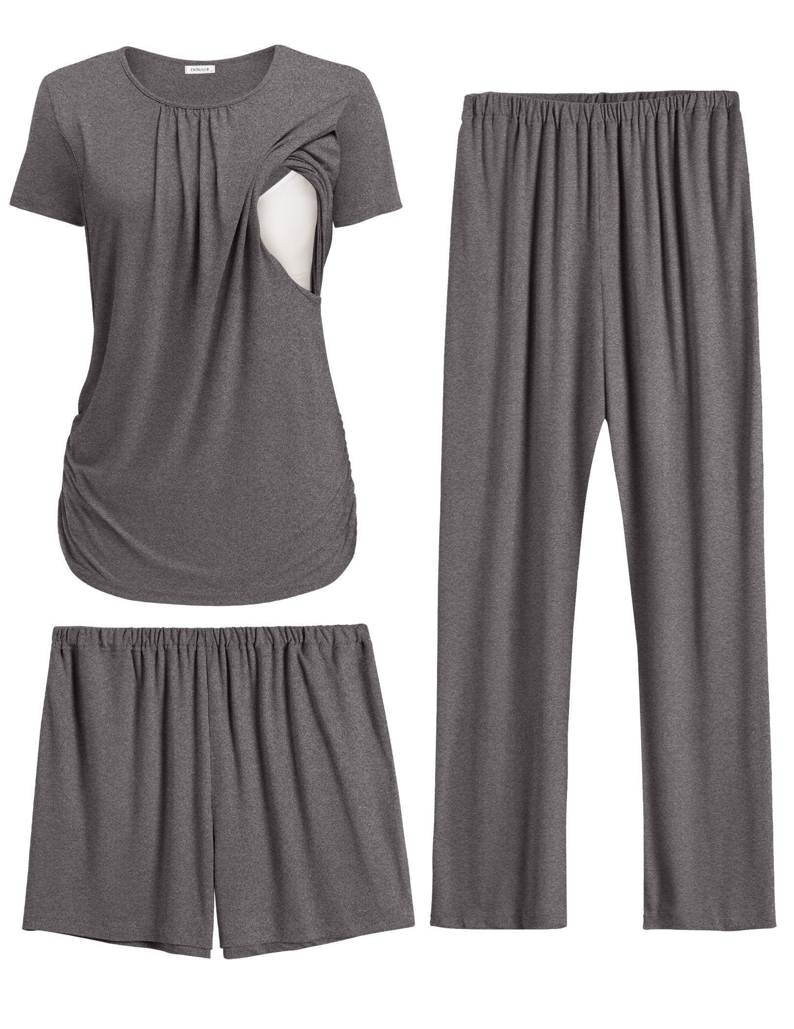 Maternity nursing pajama set in dark gray: knit top with nursing flap, shorts and long pants.