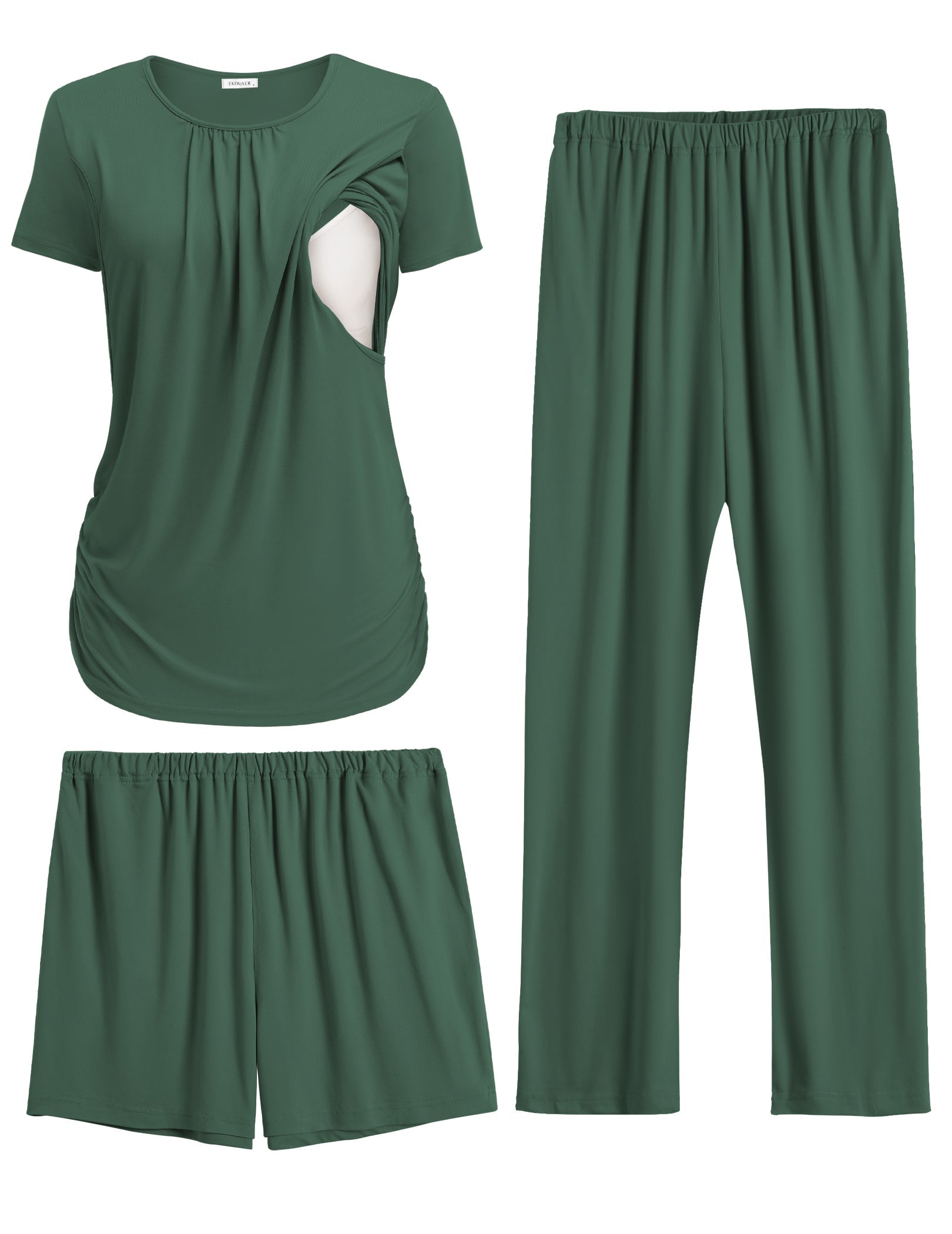 Maternity nursing pajama set in dark green: nursing flap top, shorts, and wide-leg pants.
