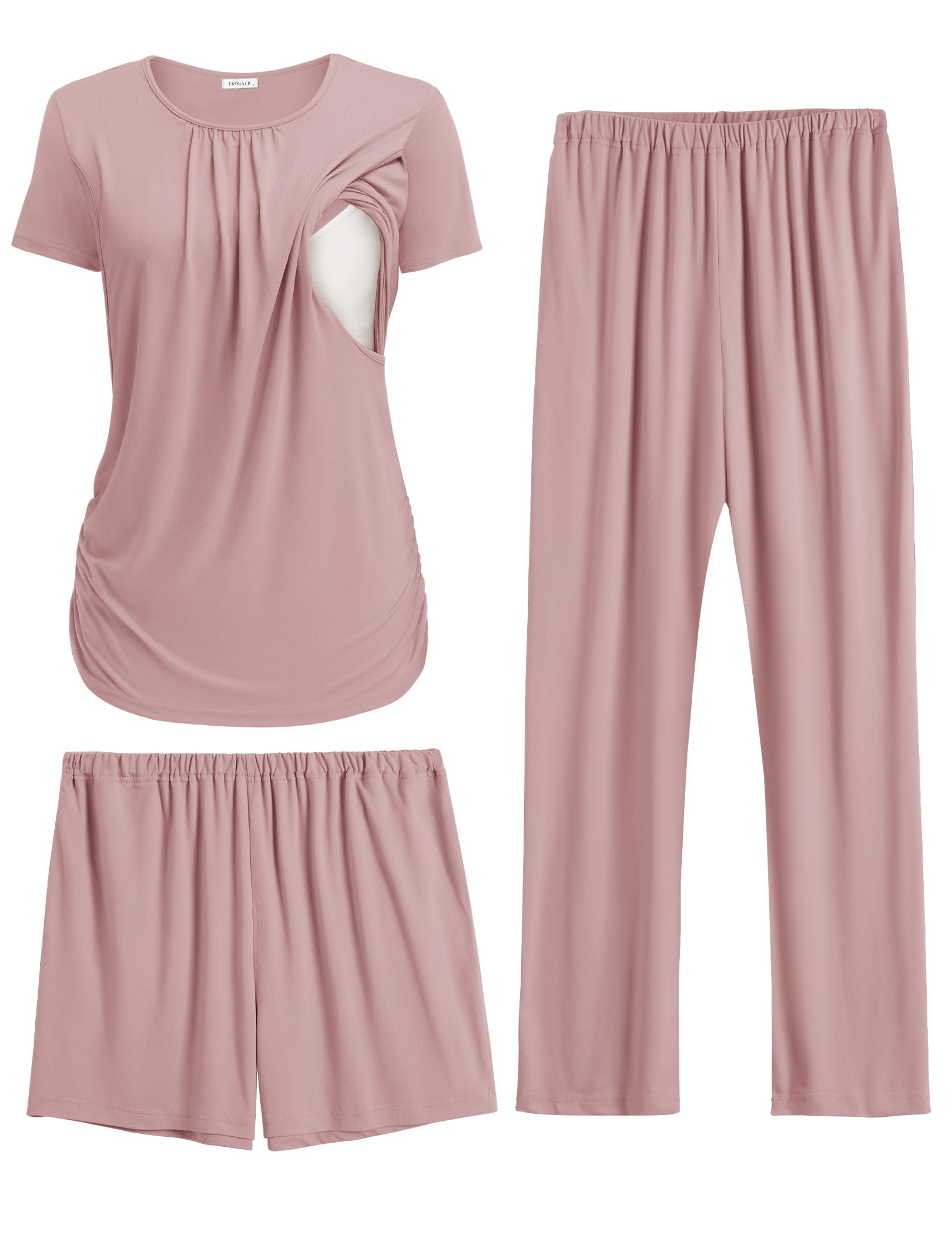 Maternity nursing pajama set in dirty pink: ruched nursing top, shorts and long pants.