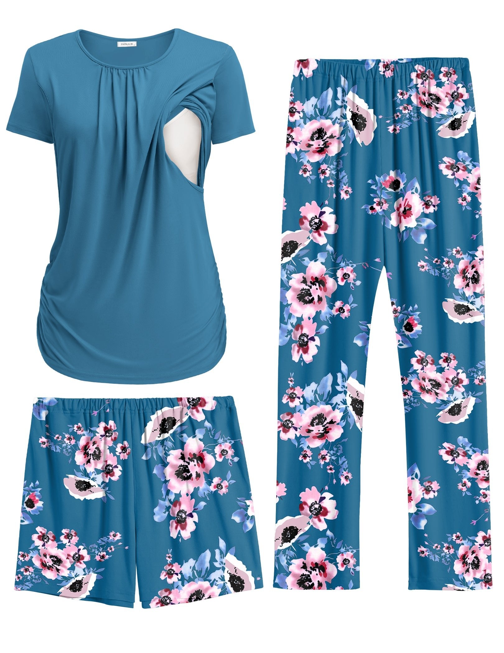 Teal maternity nursing pajama tunic with floral wide-leg pants set