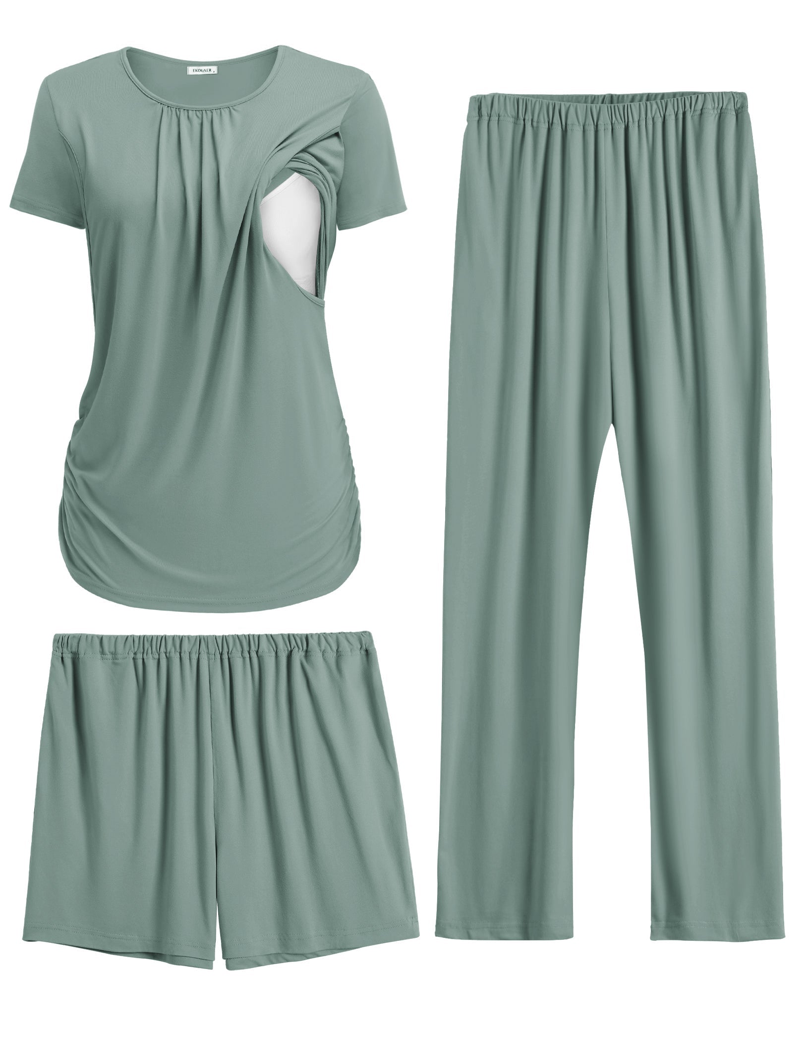 Maternity nursing pajama set in gray green: short-sleeve nursing top, shorts and long pants.