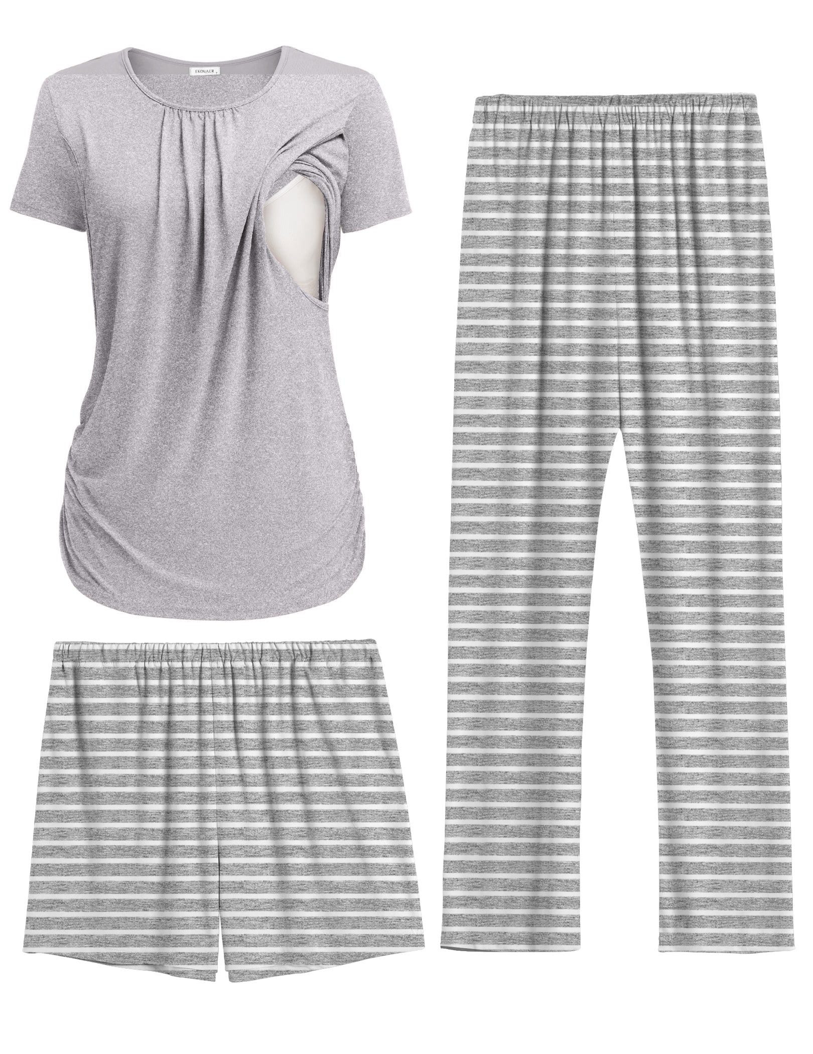 Maternity nursing pajama set in light gray stripes: nursing top, striped shorts, long pants.