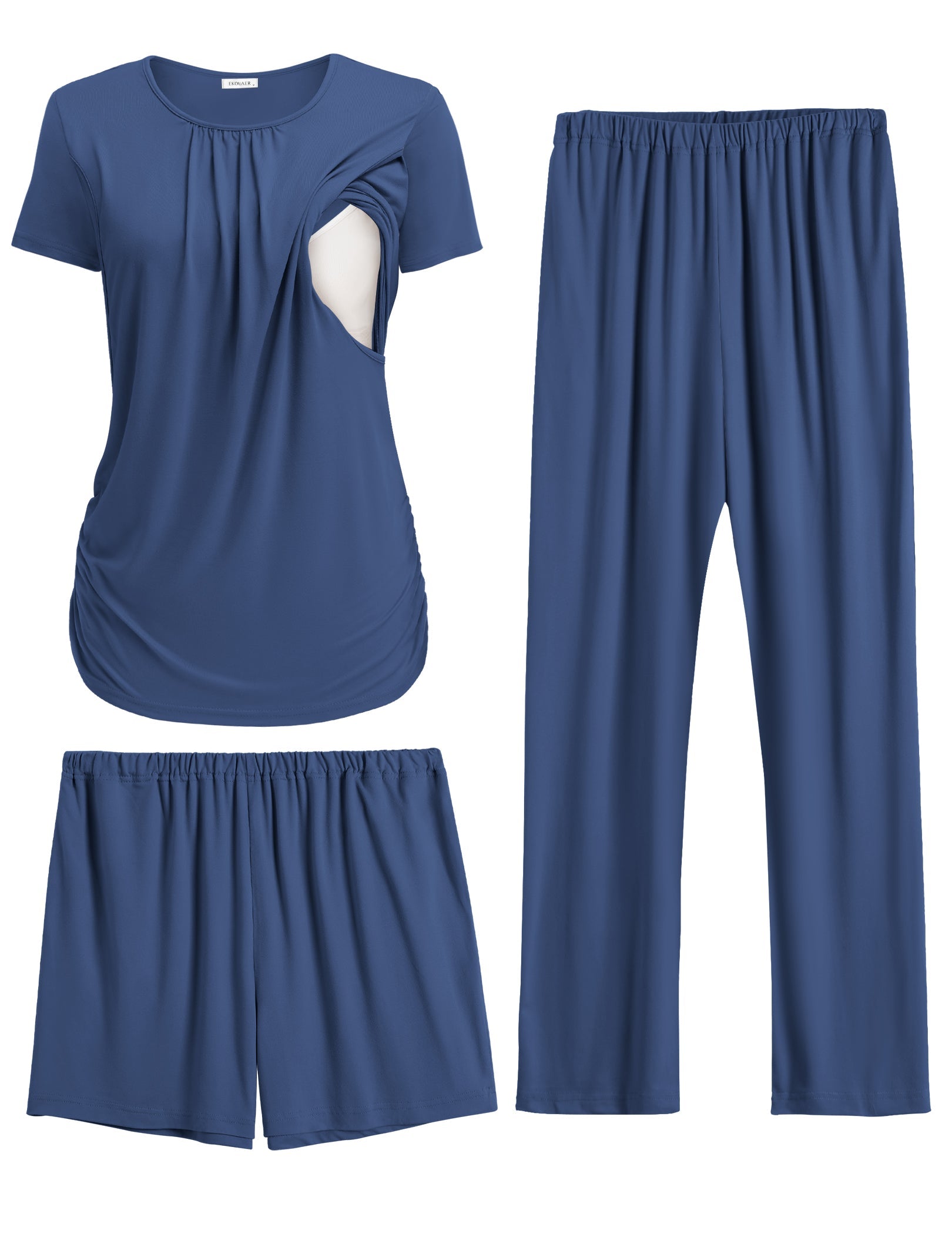 Maternity nursing pajama set in navy blue: nursing flap tee, matching shorts and long pants.