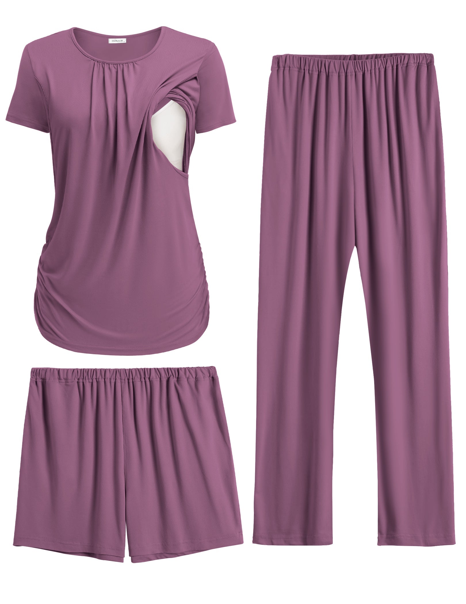 Purple maternity nursing pajama set: ruched tee and matching wide-leg pants