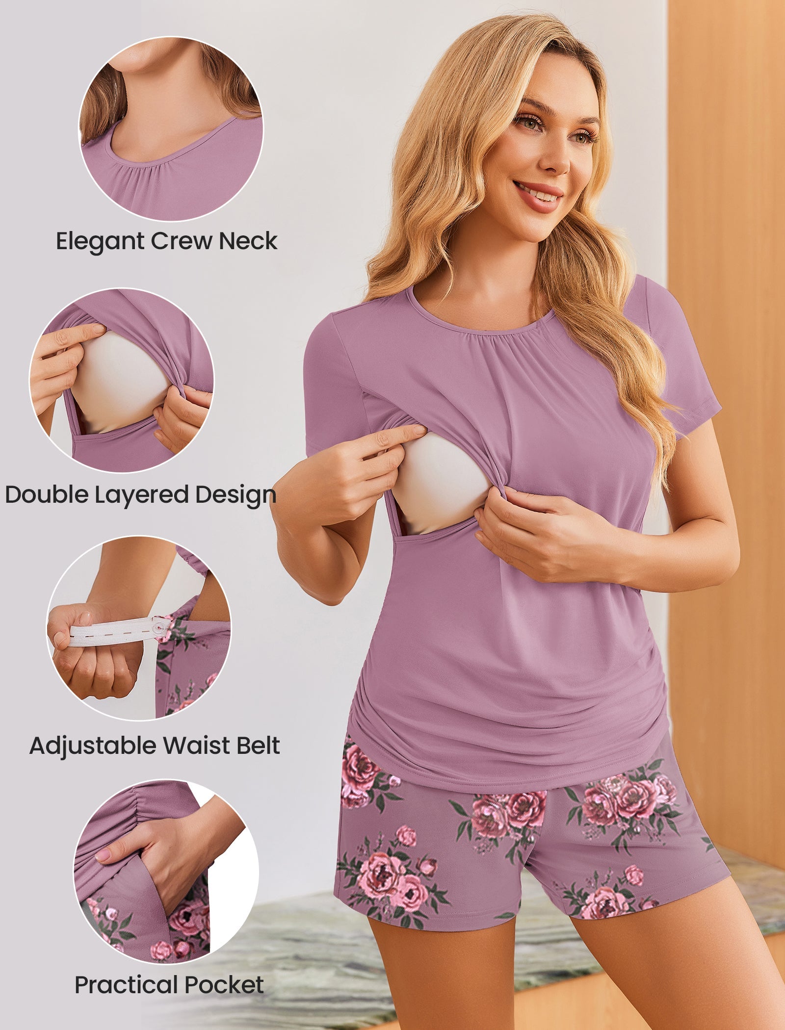 Lavender maternity nursing top with ruched side opening and floral shorts