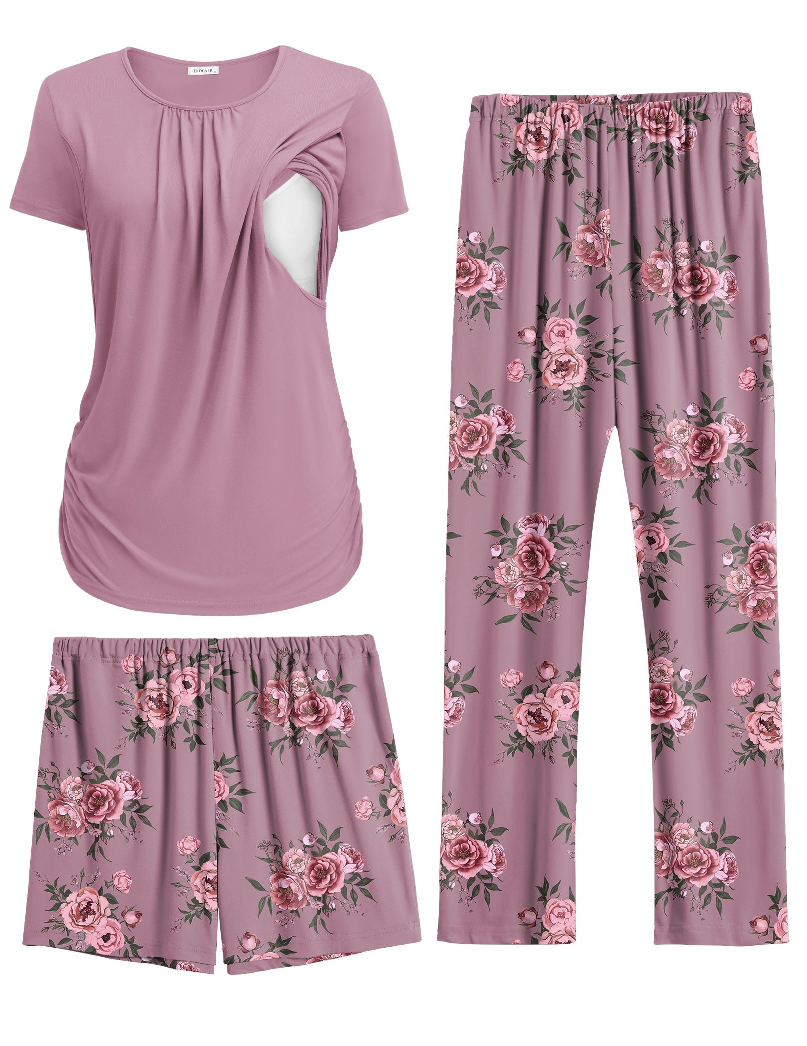 Mauve maternity nursing tee with pink rose floral pajama pants set