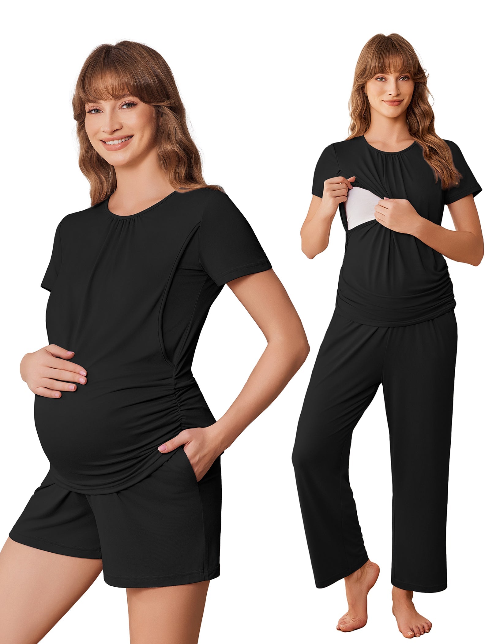 Black maternity nursing pajama set: ruched tee and long pants