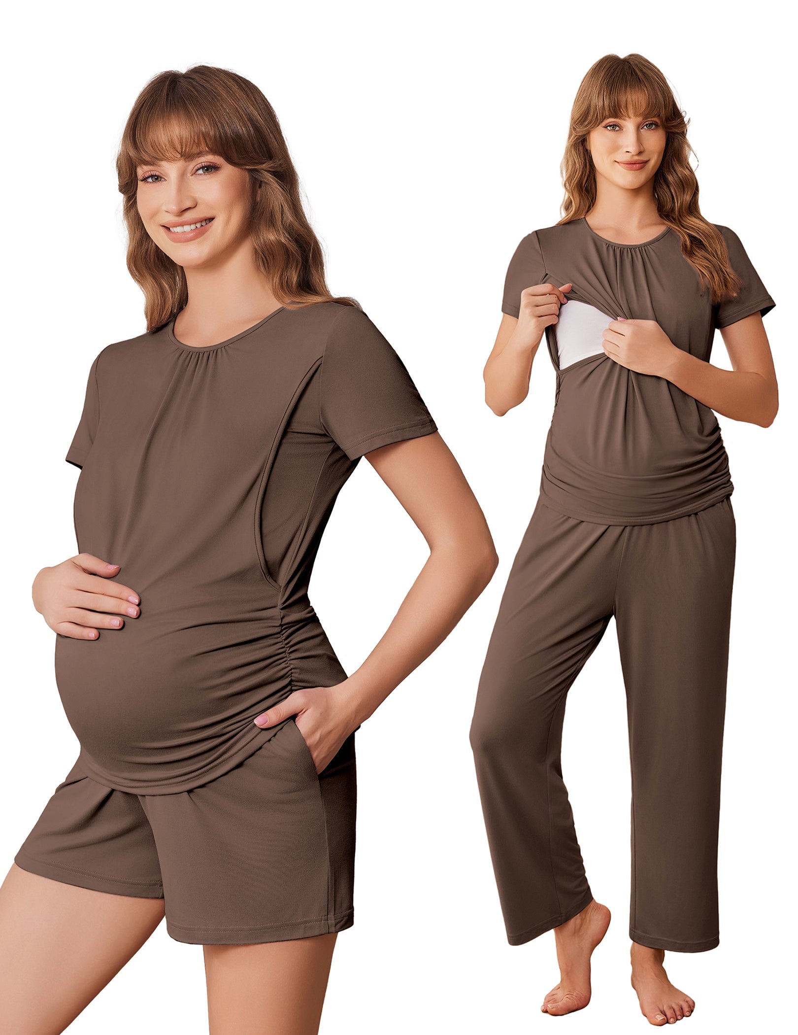 Taupe maternity nursing pajama set: ruched tee and long pants