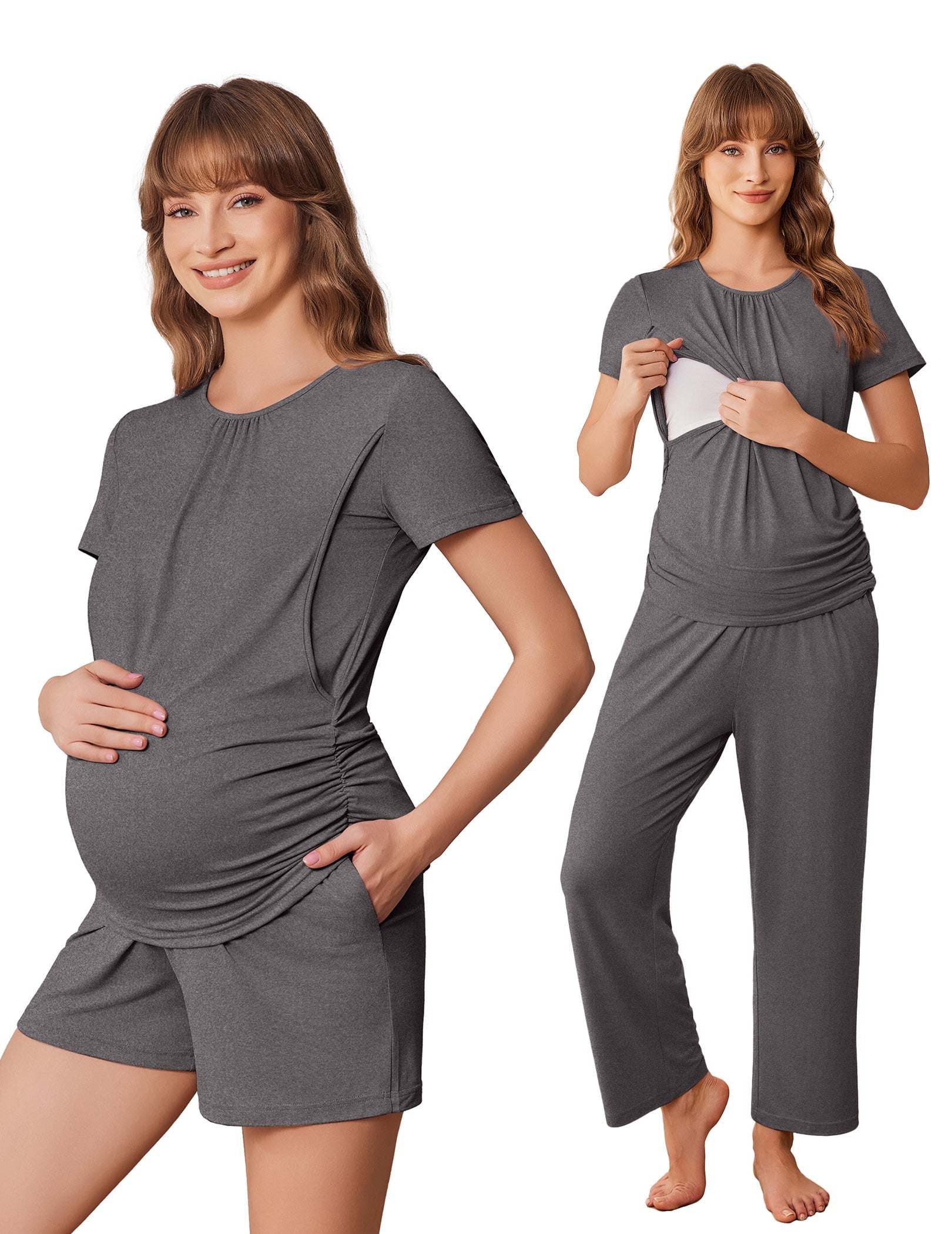 Dark gray maternity nursing pajama set: ruched tee and long pants