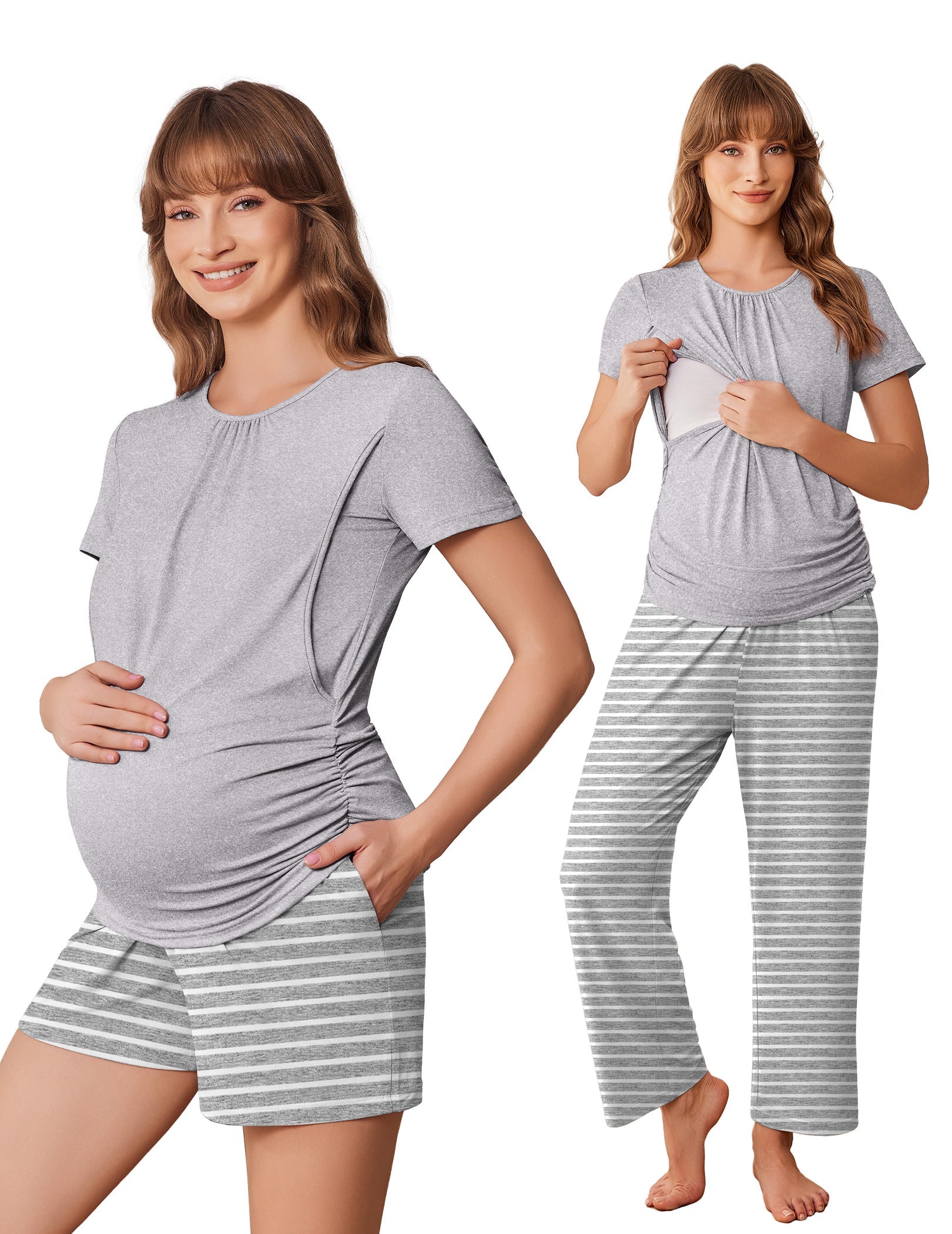Light gray maternity nursing pajama set with striped pajama pants