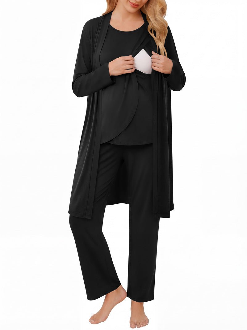 Black maternity nursing robe set: long robe over nursing tank and straight pants