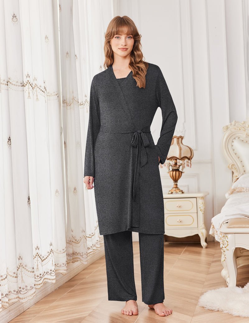 Dark gray maternity nursing robe set with front tie waist and matching pants (front view)