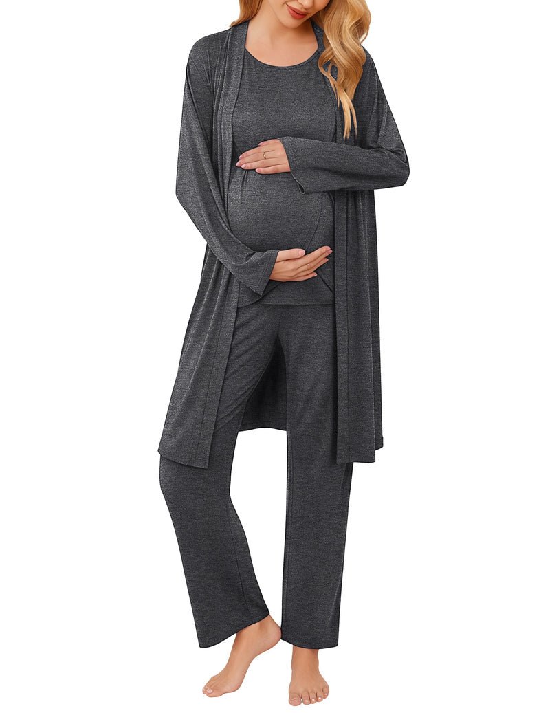 Dark gray maternity nursing robe set with nursing tank and tapered pants, side drape robe