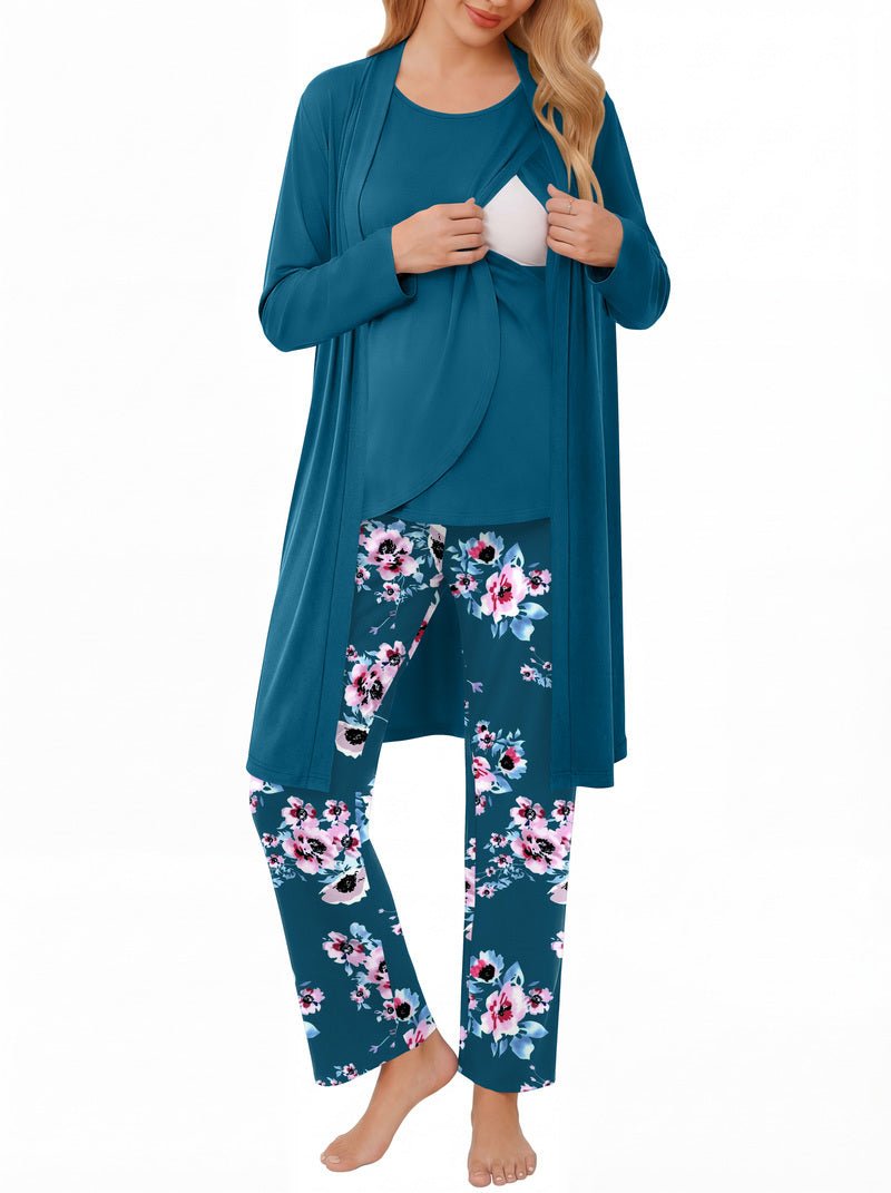 Lake blue maternity robe set with nursing tank, long robe, and floral pants