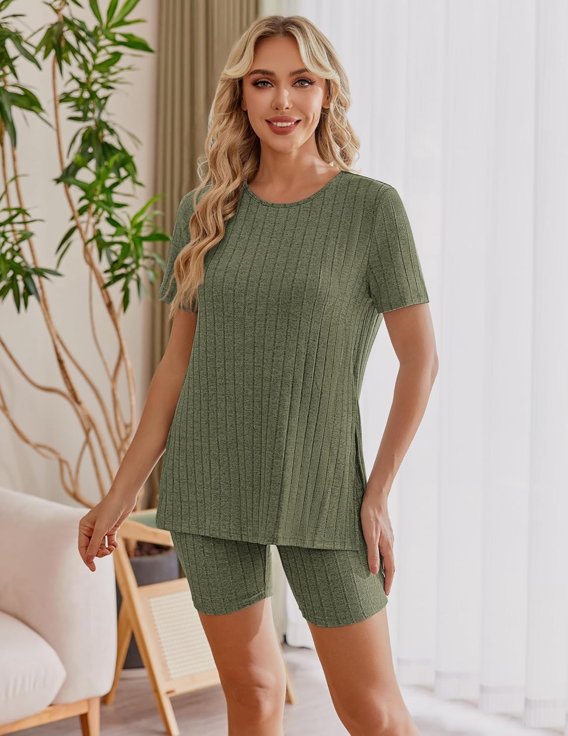 Ribbed knit maternity top and shorts set in deep green, crew neck short sleeves