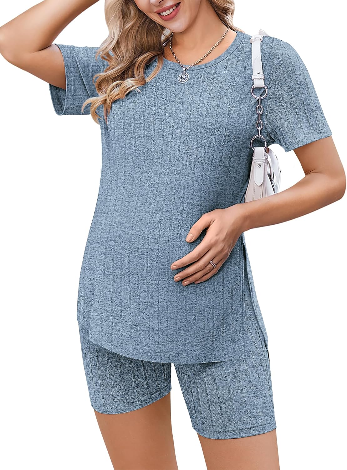 Ekouaer maternity 2-piece set, ribbed knit short-sleeve top and shorts in blue