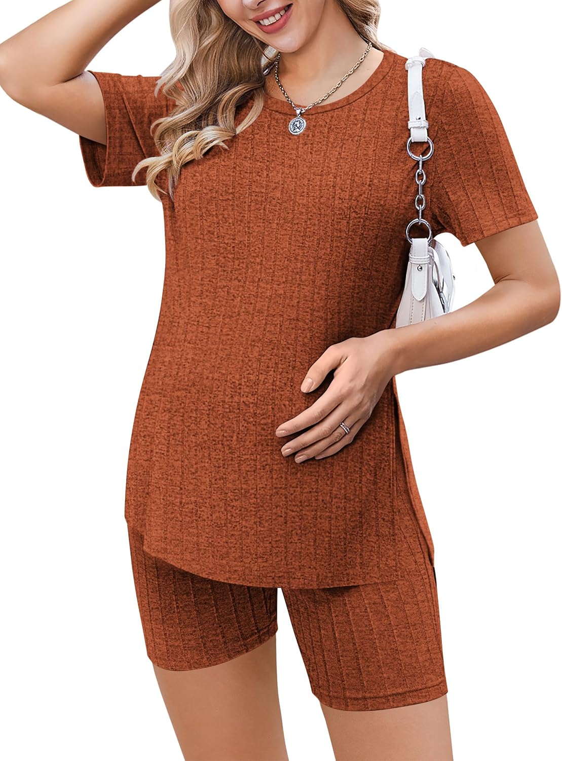 Maternity 2-piece set in caramel rust: ribbed knit tee and matching shorts