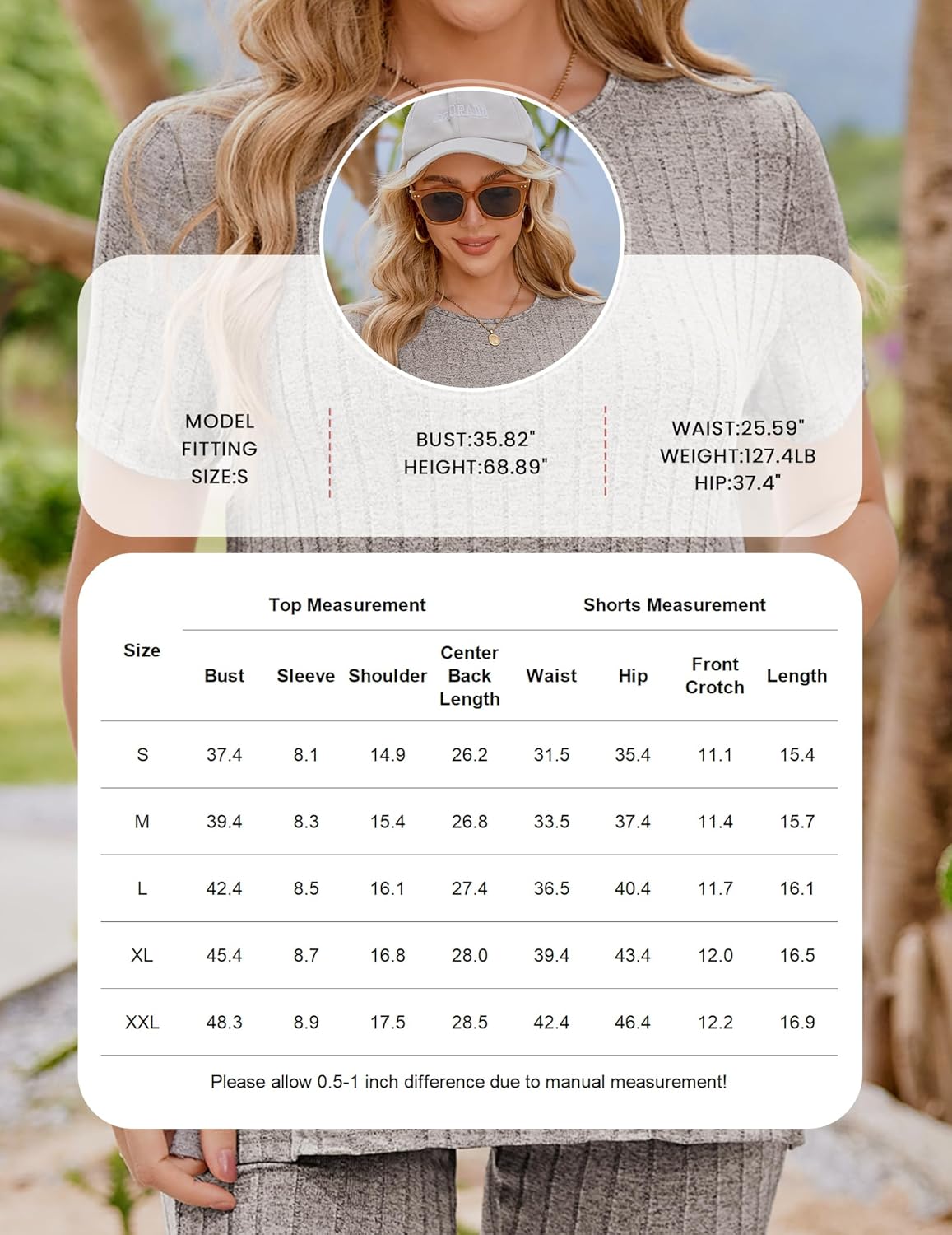 Grey ribbed knit maternity set sizing chart overlay on crew top and shorts