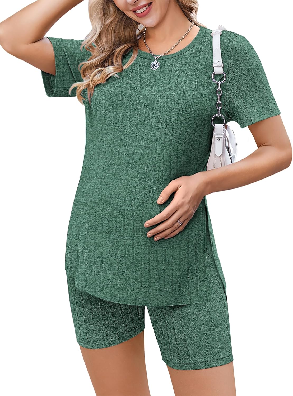 Ribbed knit maternity 2-piece set in dark green: crew tee and matching shorts