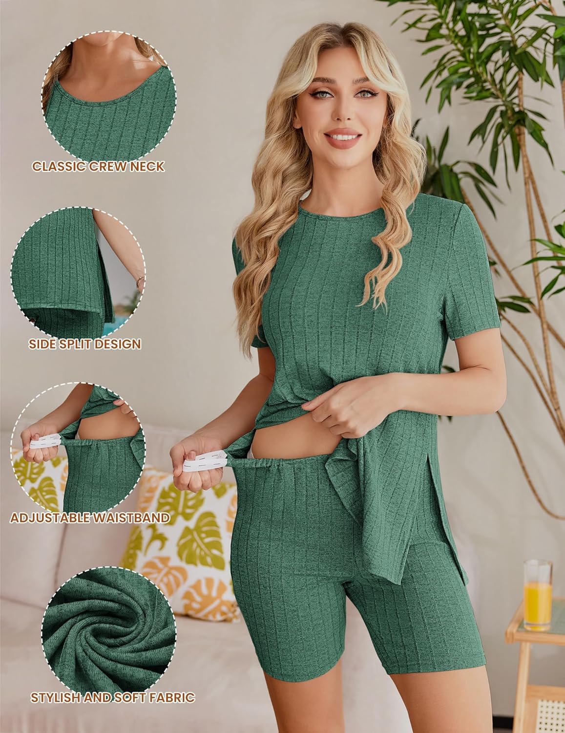 Dark green ribbed knit maternity tee and shorts set with side split and waist tie