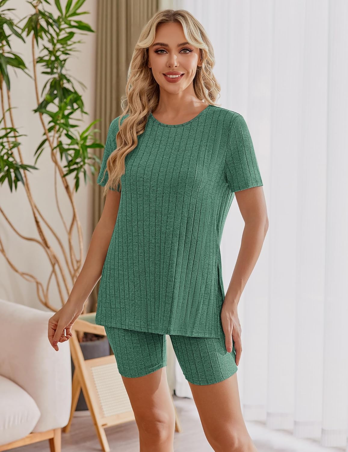 Green ribbed knit maternity 2-piece set: crew neck top and bike-length shorts