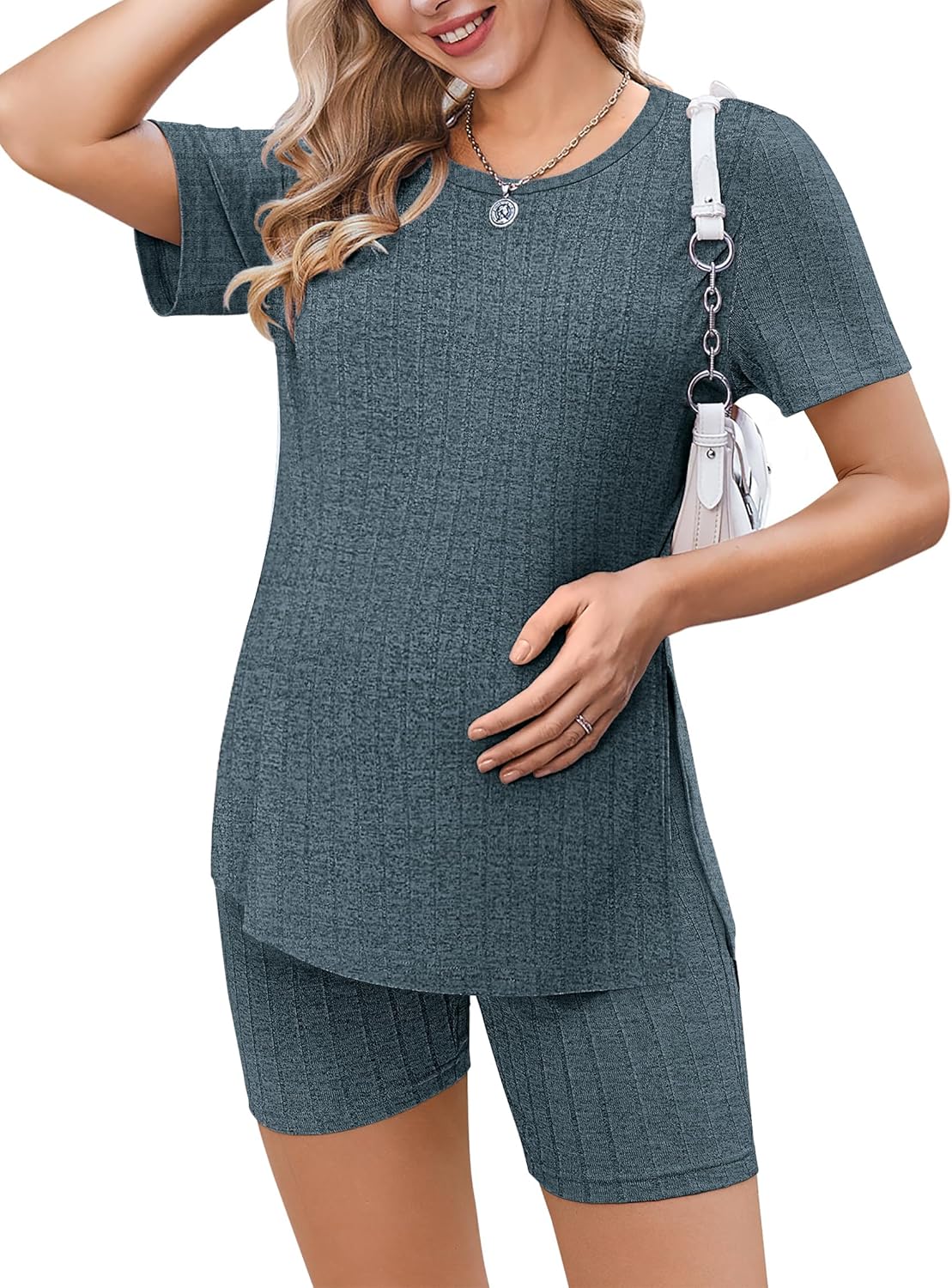 Deep teal ribbed knit maternity 2-piece set: crew neck tunic top and shorts
