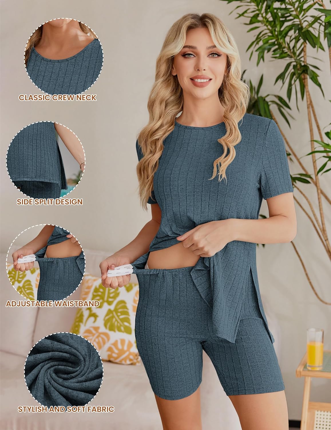 Rippenstrick-Maternity-Set mit Rundhalsausschnitt und Shorts, blau