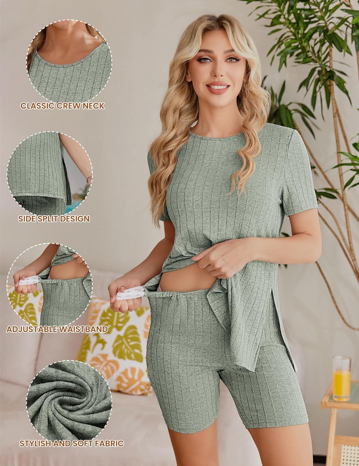 Ribbed knit maternity set in green: crew neck top with side split and adjustable waist