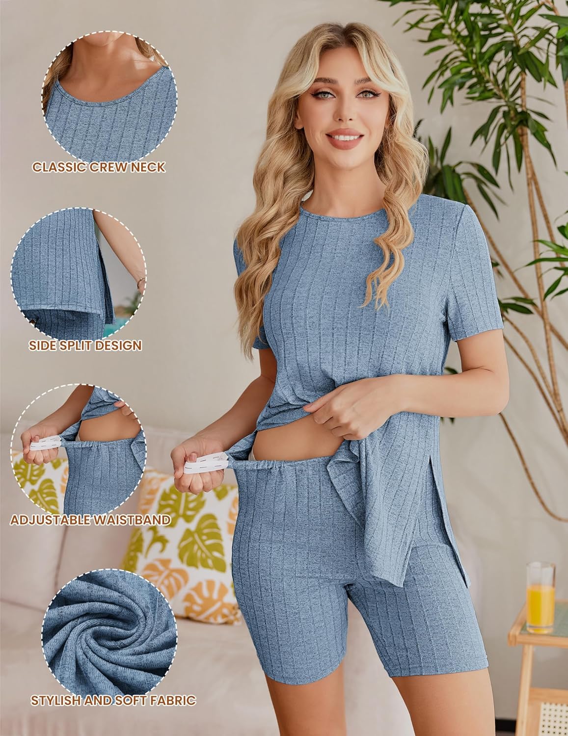 Ribbed knit maternity set in blue: crew neck top with side split and adjustable waist