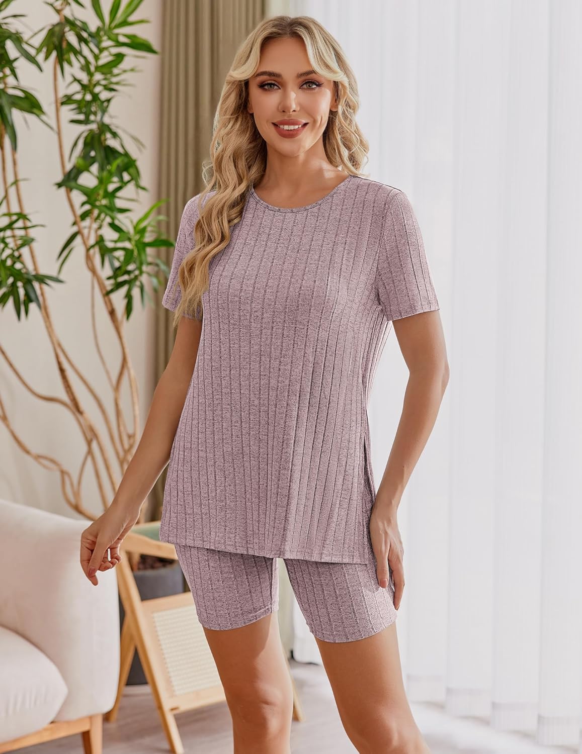 Maternity 2-piece set in lavender purple: ribbed knit shirt and matching shorts