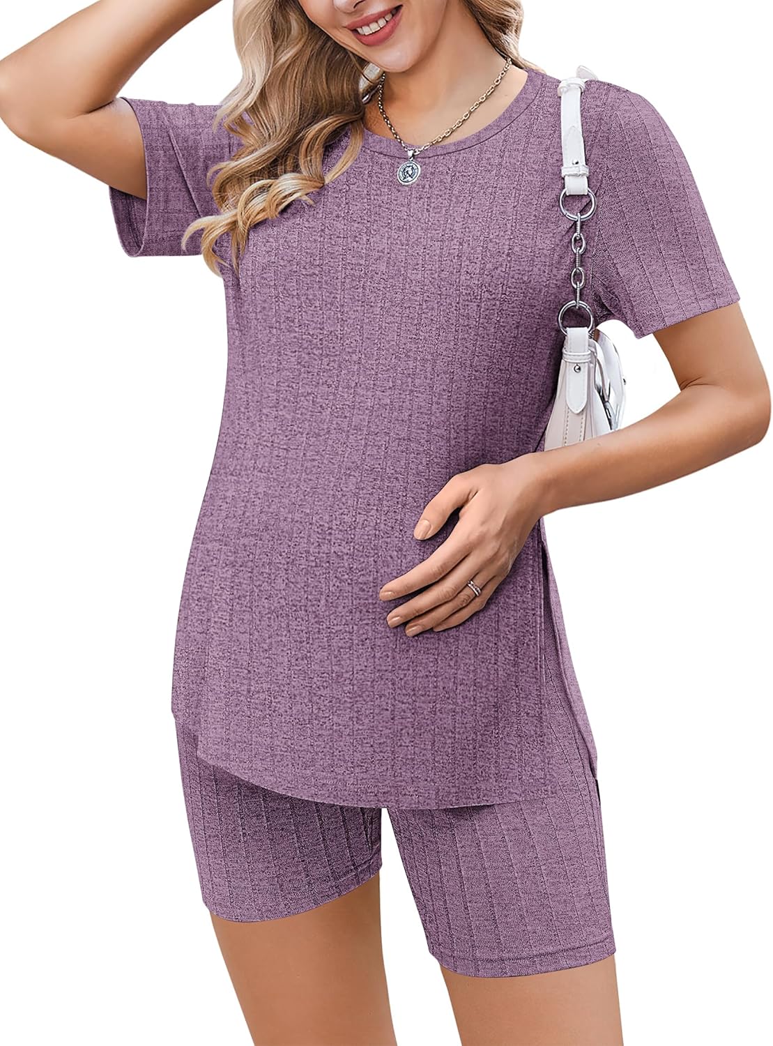 Maternity ribbed knit 2-piece set in purple: short-sleeve tee and bike shorts