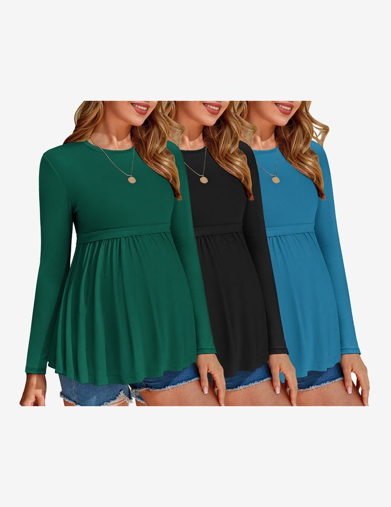 3-pack maternity long-sleeve tops: green, black, and blue with gathered empire waist