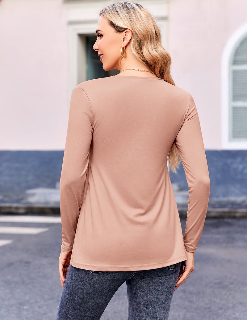 Maternity pleated long-sleeve top, neutral beige; back view with full-length sleeves