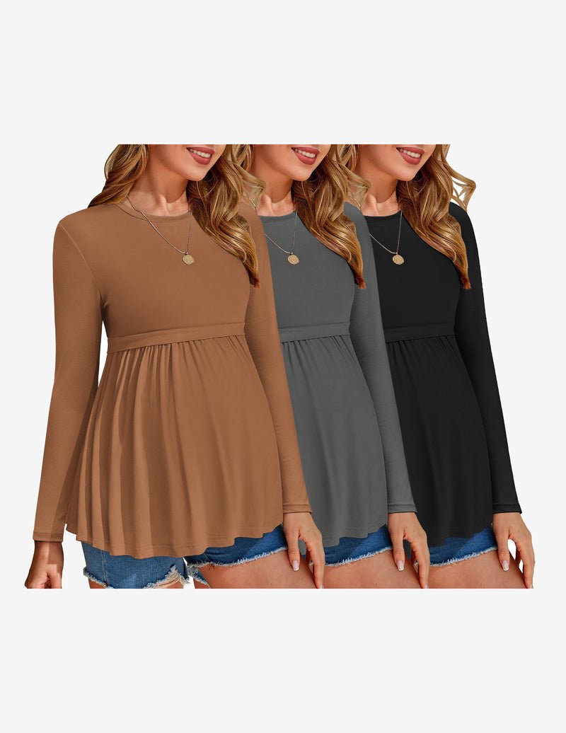 3-pack maternity long-sleeve tops: caramel brown, dark gray, and black with gathered waist