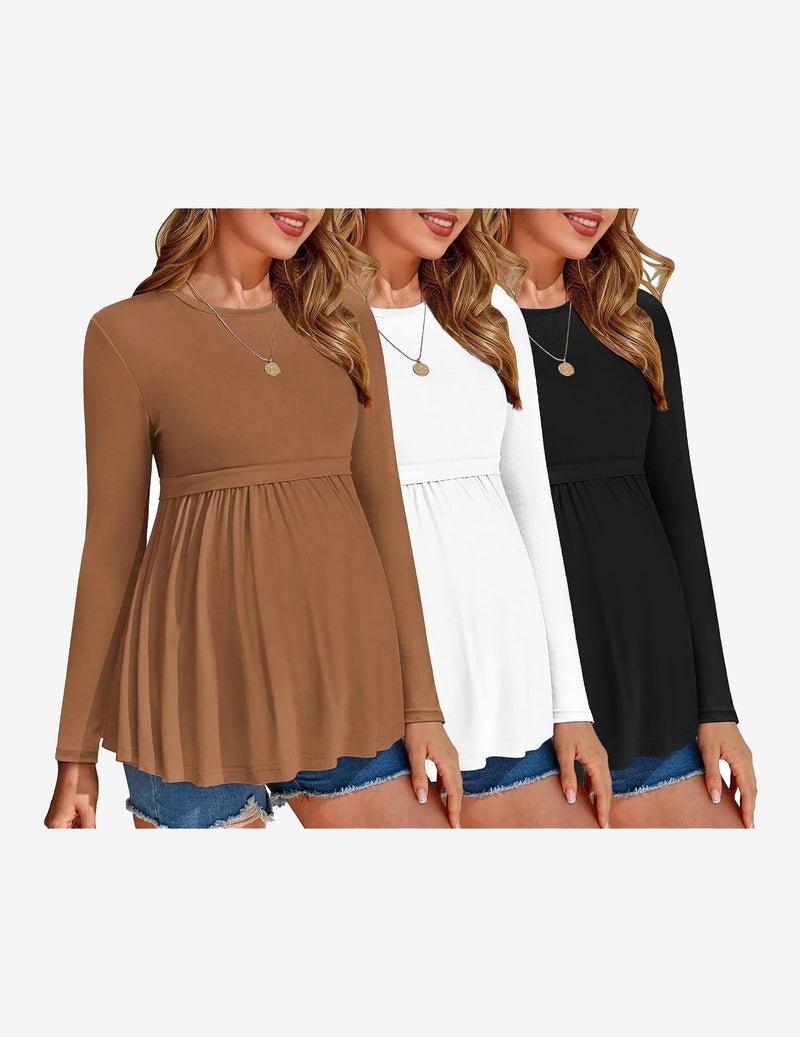 Maternity tunic tops 3-pack, long sleeves: caramel brown, white, black with pleated hem
