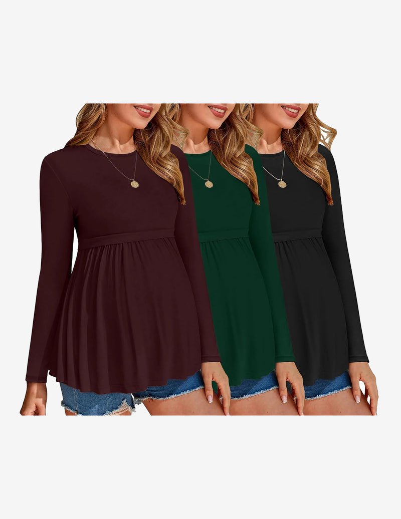 Maternity tunic tops 3-pack, long sleeves: dark plum, green, black with pleated waist