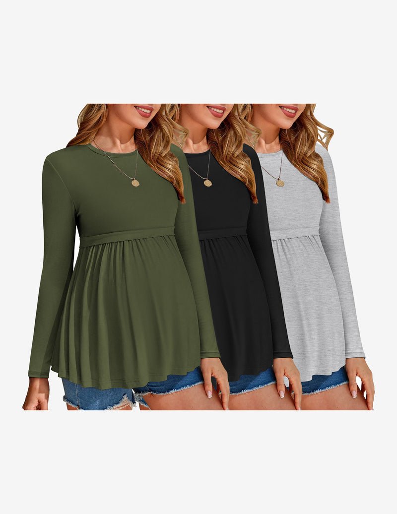 3-pack maternity long-sleeve tops: olive green, black, and light gray with gathered waist