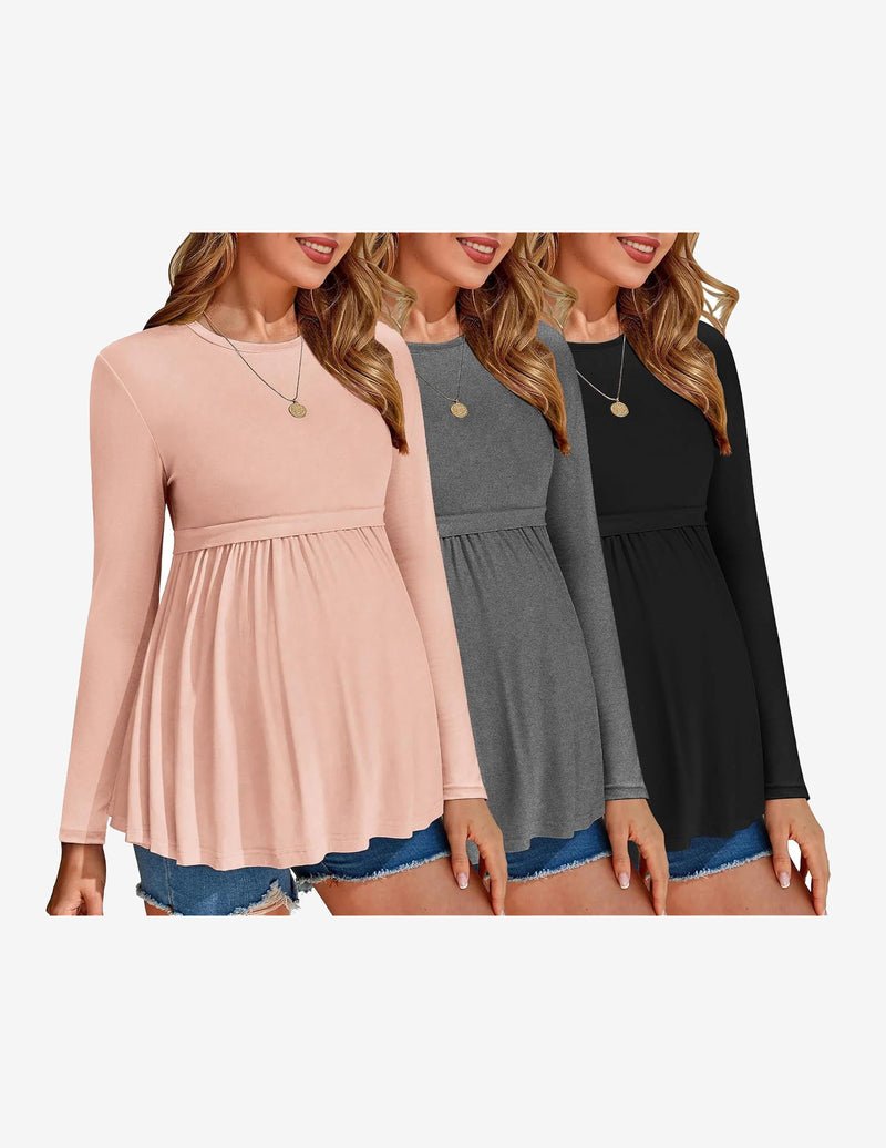 Maternity tunic tops 3-pack, long sleeves: light pink, heather gray, black with pleated hem