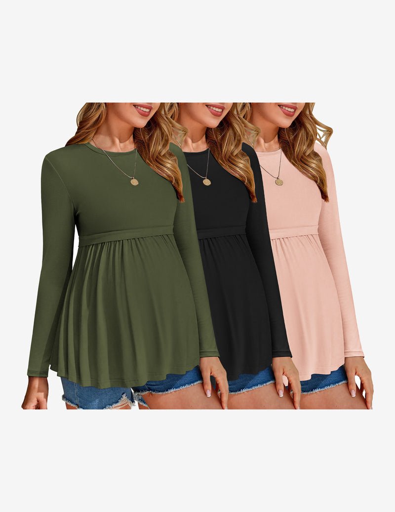 3-pack maternity long-sleeve tops: olive green, black, and blush pink with gathered waist