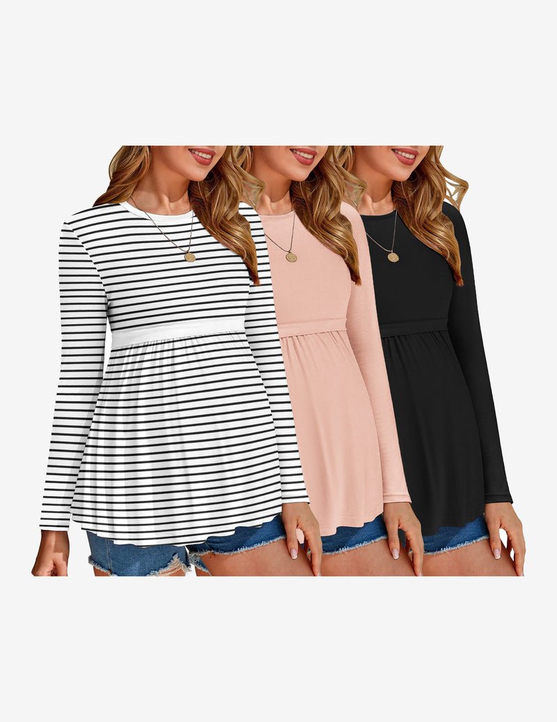 Maternity tunic tops 3-pack, long sleeves: striped white/black, blush, black with pleated hem