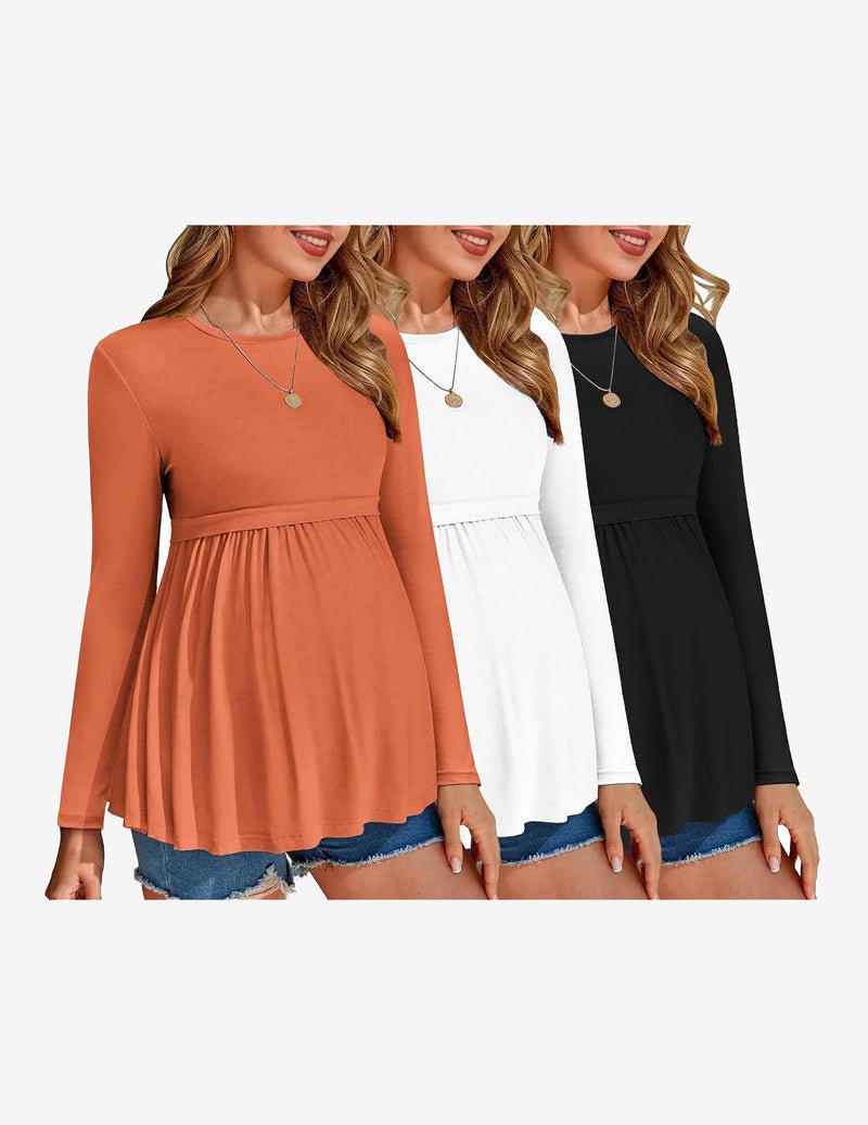 Maternity tunic tops 3-pack, long sleeves: rust brown, white, black with pleated hem