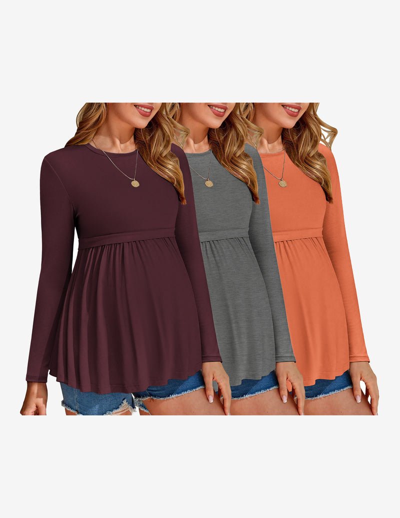 3-pack maternity long-sleeve tops: burgundy, light gray, and burnt orange with gathered waist