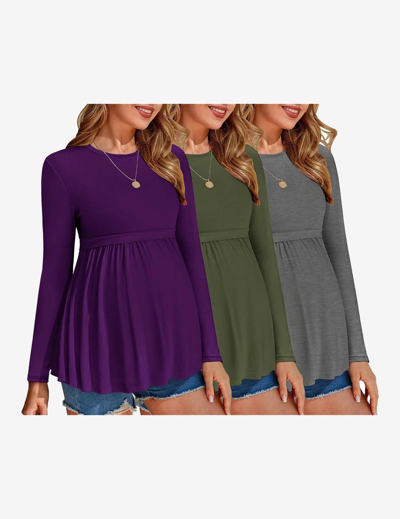 Maternity tunic tops 3-pack, long sleeves: purple, olive green, gray with pleated waist